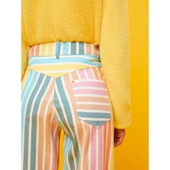 NWT Nocturne Printed Stripe Mom Denim Pants 34 Rainbow Jeans High Waisted - Picture 2 of 12
